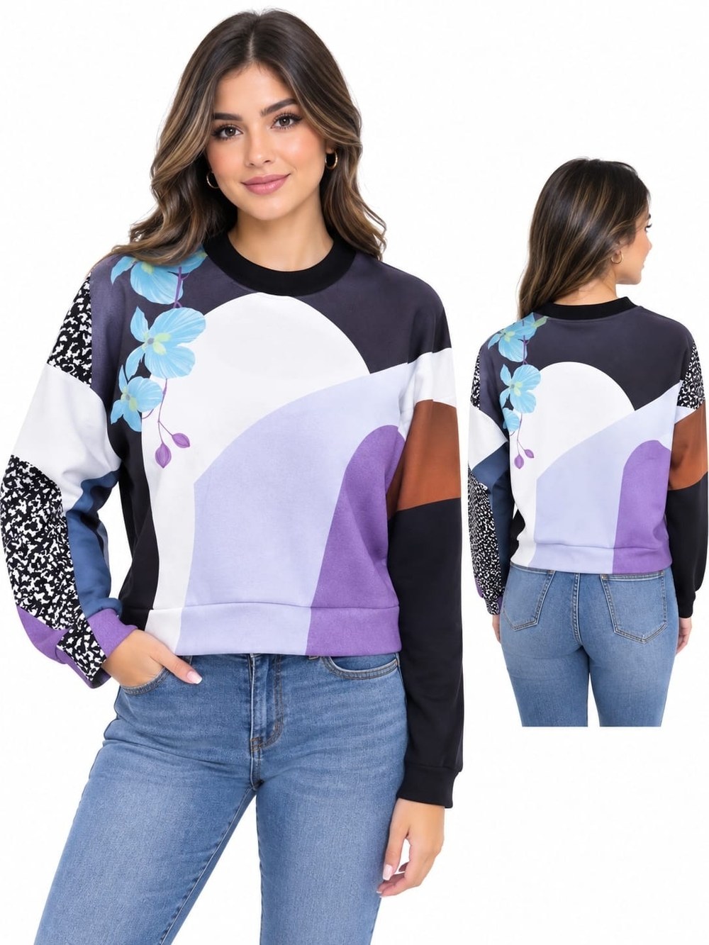 3.1 Phillip Lim Black, Purple & Lavender Floral Colorblock Sweatshirt
